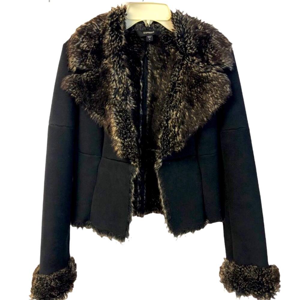 EXPRESS Teddy Faux Fur Coat, Soft & Warm, Black & Tan, Small, EUC (SCLOS)
